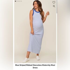Blue Striped Ribbed Sleeveless Maternity Maxi Dress